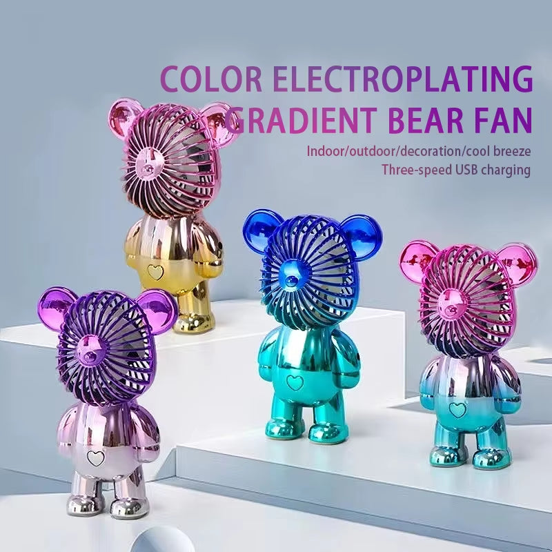 2024 Electroplating Gradual Change Bear Fan Mini Color Graffiti Handheld Fan USB Charging Small Fan Cooling Electric Fans